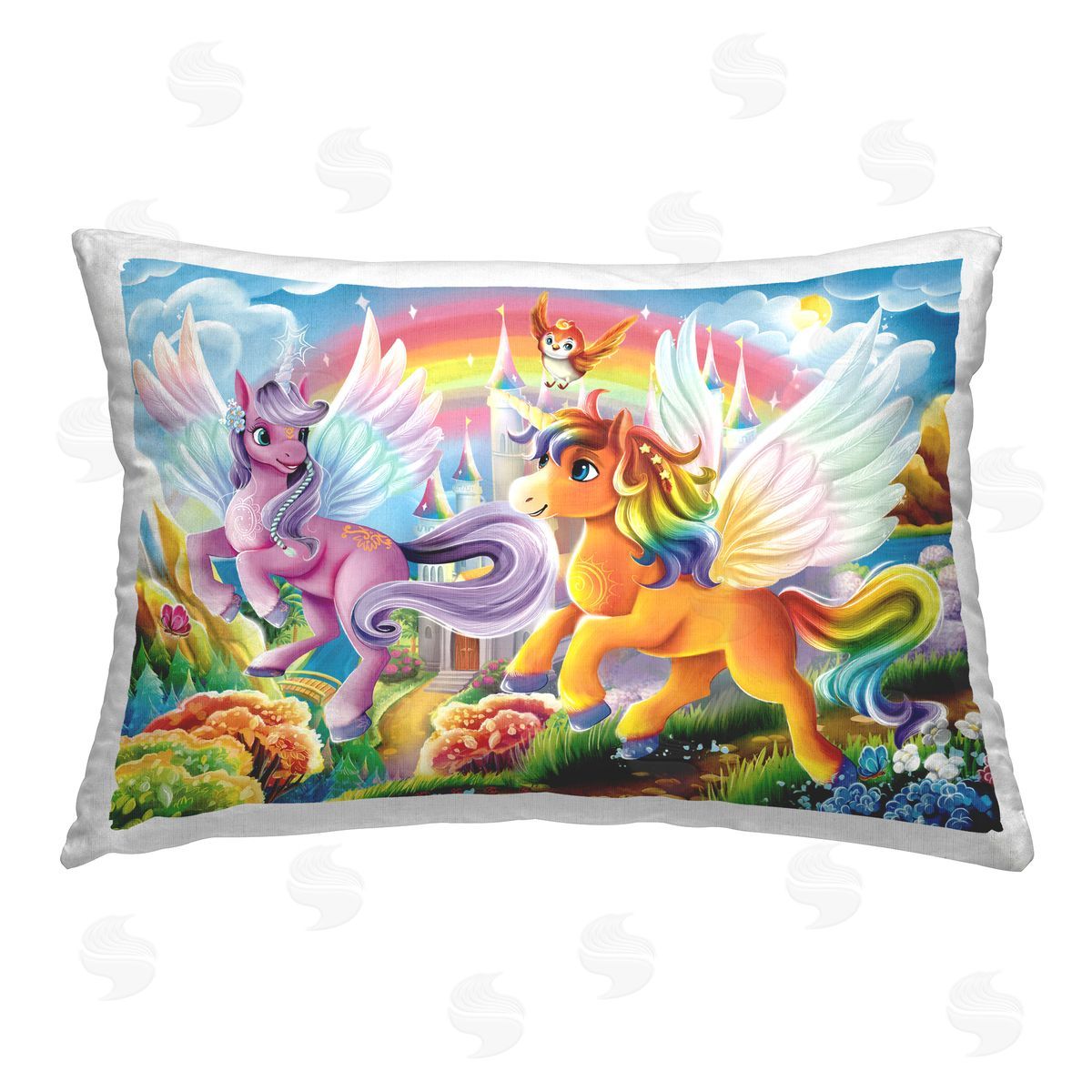 Image World Fluttering Unicorns & Rainbow Printed Plush Polyester Throw Pillow