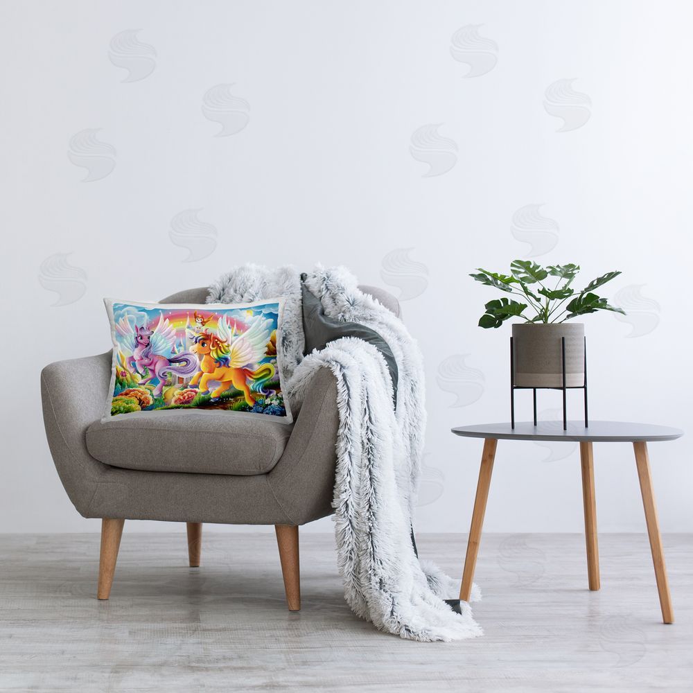 Image World Fluttering Unicorns & Rainbow Printed Plush Polyester Throw Pillow On Chair
