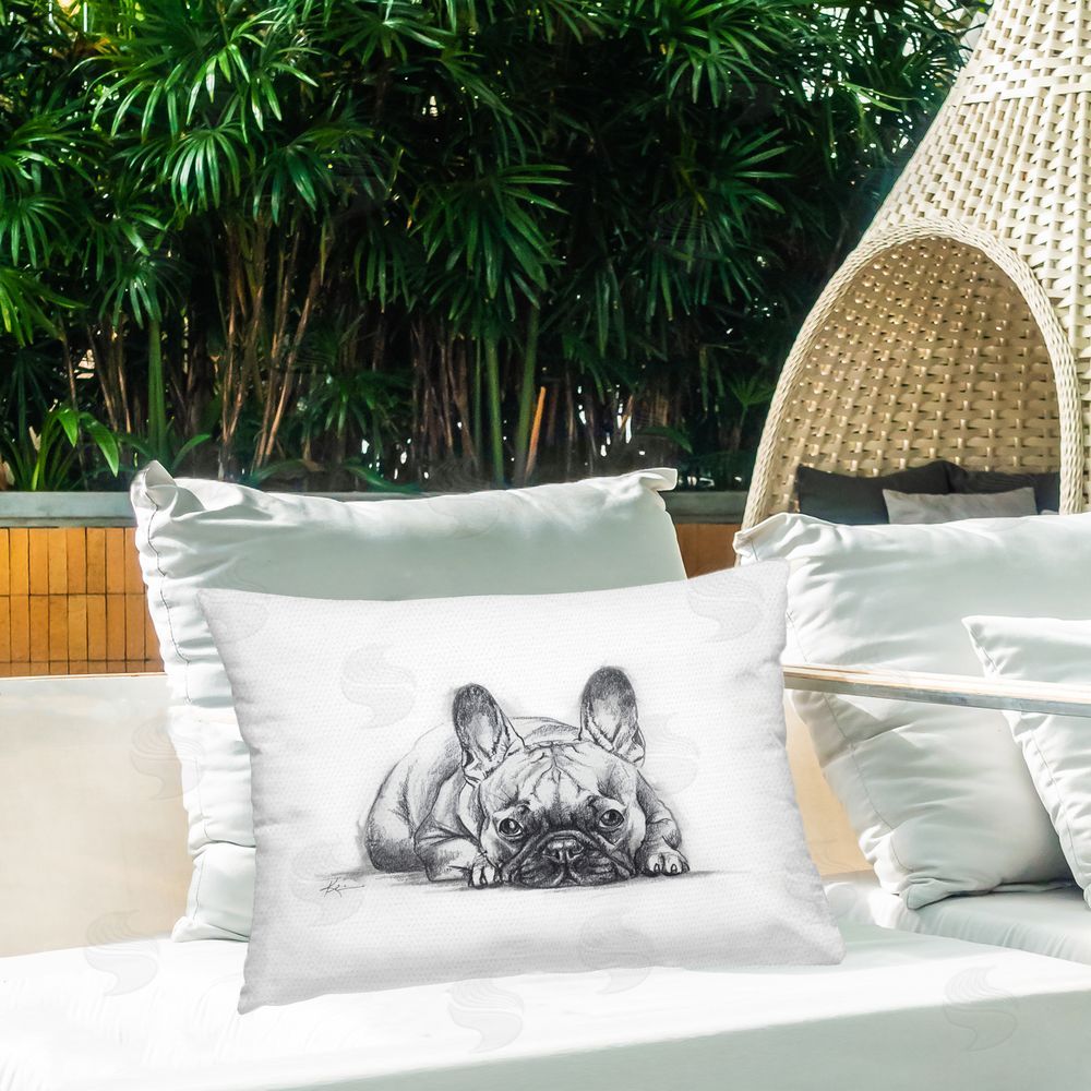 Lindsay Kivi Fine Art French Bulldog Naptime Outdoor Quick-Dry Polyester Printed Throw Pillow in Back Yard