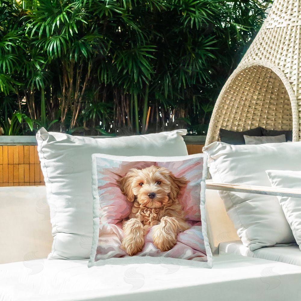 Jim Baldwin Cuddling Labradoodle Bed Outdoor Quick-Dry Polyester Printed Throw Pillow in Back Yard