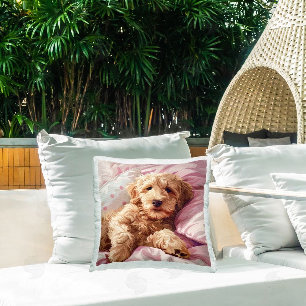 Jim Baldwin Sleepy Labradoodle in Bed Outdoor Quick-Dry Polyester Printed Throw Pillow in Back Yard