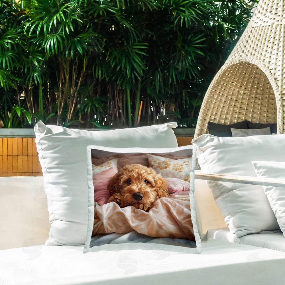 Jim Baldwin Nap Time Cuddling Pup Outdoor Quick-Dry Polyester Printed Throw Pillow in Back Yard