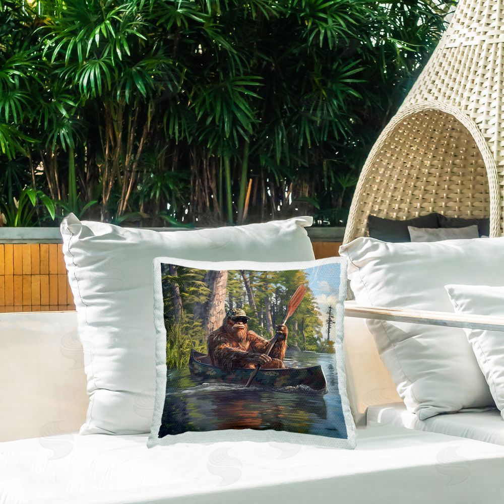 Jim Baldwin Mythical Monster in Canoe Outdoor Quick-Dry Polyester Printed Throw Pillow in Back Yard