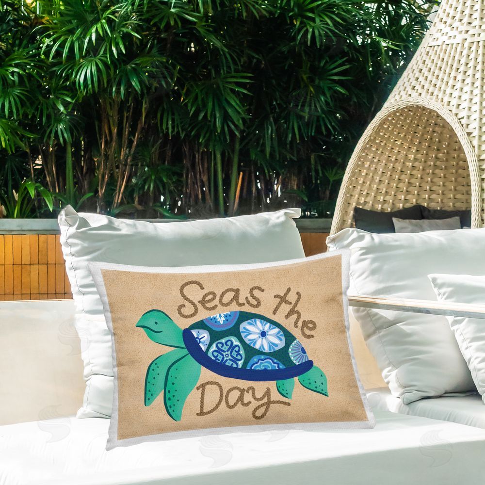 Deborah Curiel Seas The Day Turtle Outdoor Quick-Dry Polyester Printed Throw Pillow in Back Yard