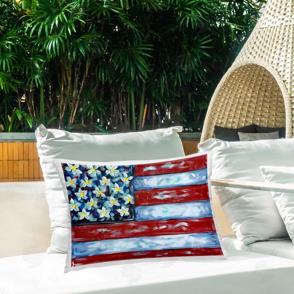Estelle Grengs Flower Stars & Stripes Flag Outdoor Quick-Dry Polyester Printed Throw Pillow in Back Yard