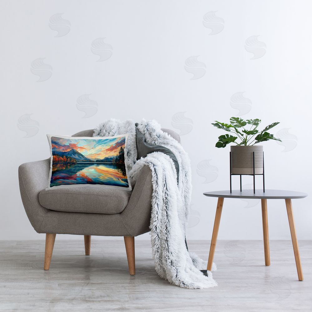LSR Design Studio Abstract Swirled Lake & Mountain Printed Plush Polyester Throw Pillow On Chair