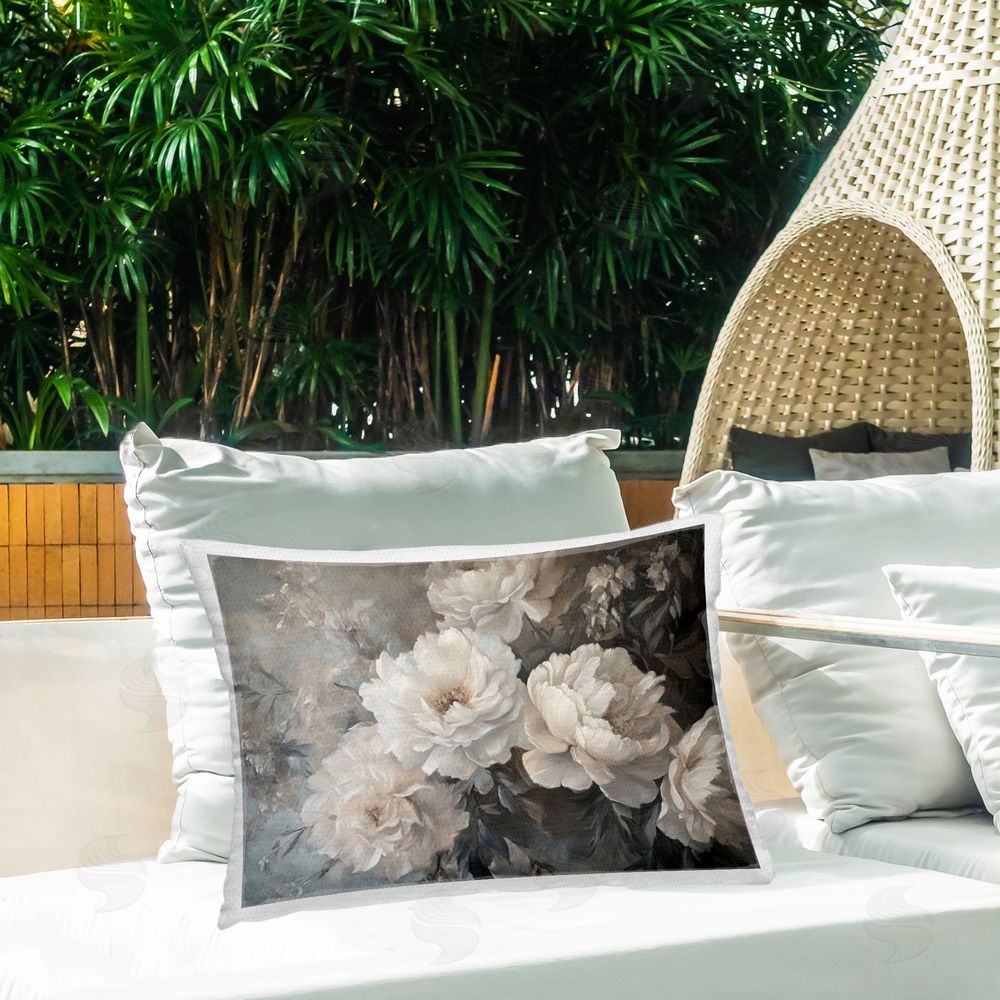Petal Prints Design White Florals Vintage Outdoor Quick-Dry Polyester Printed Throw Pillow in Back Yard