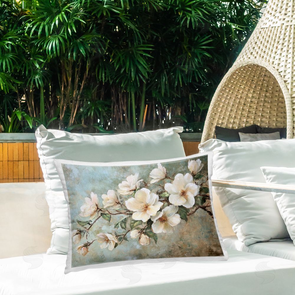 Petal Prints Design In Bloom Flower Branch Outdoor Quick-Dry Polyester Printed Throw Pillow in Back Yard