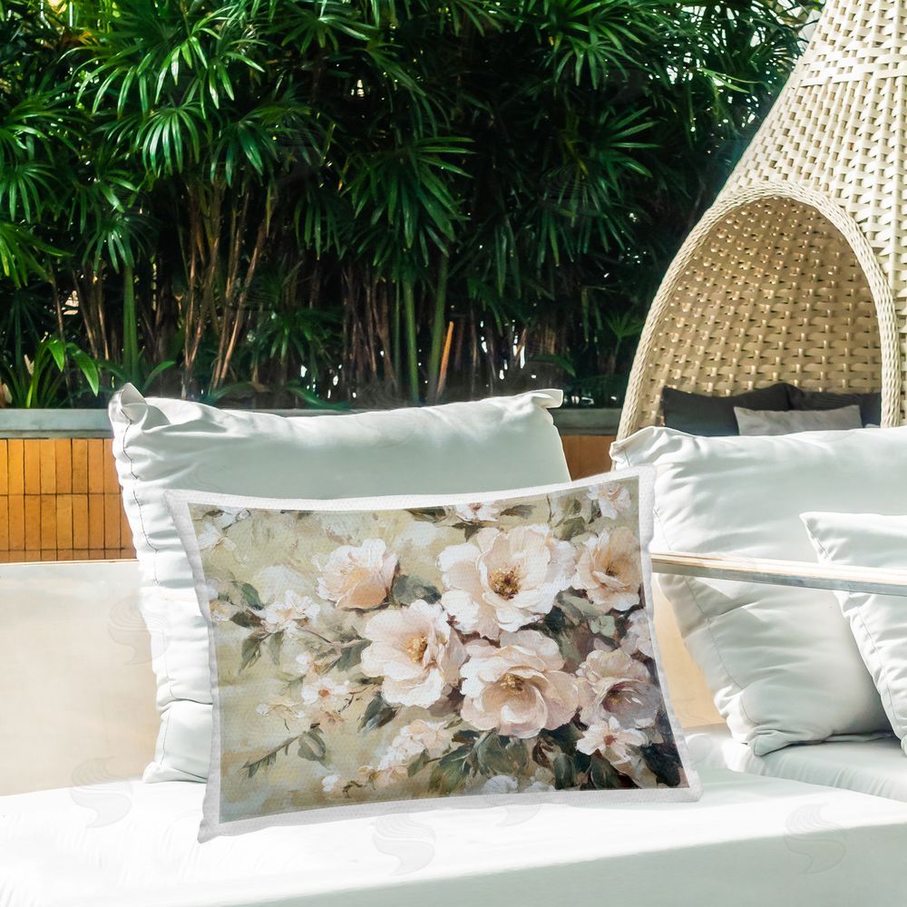 Petal Prints Design Cream Dynamic Florals Outdoor Quick-Dry Polyester Printed Throw Pillow in Back Yard