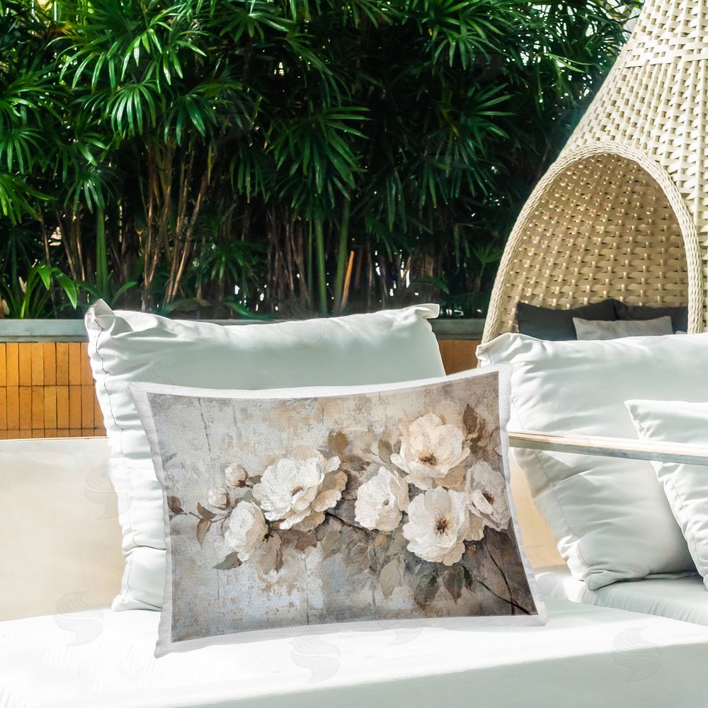 Petal Prints Design Summer Daze Blossoms Outdoor Quick-Dry Polyester Printed Throw Pillow in Back Yard