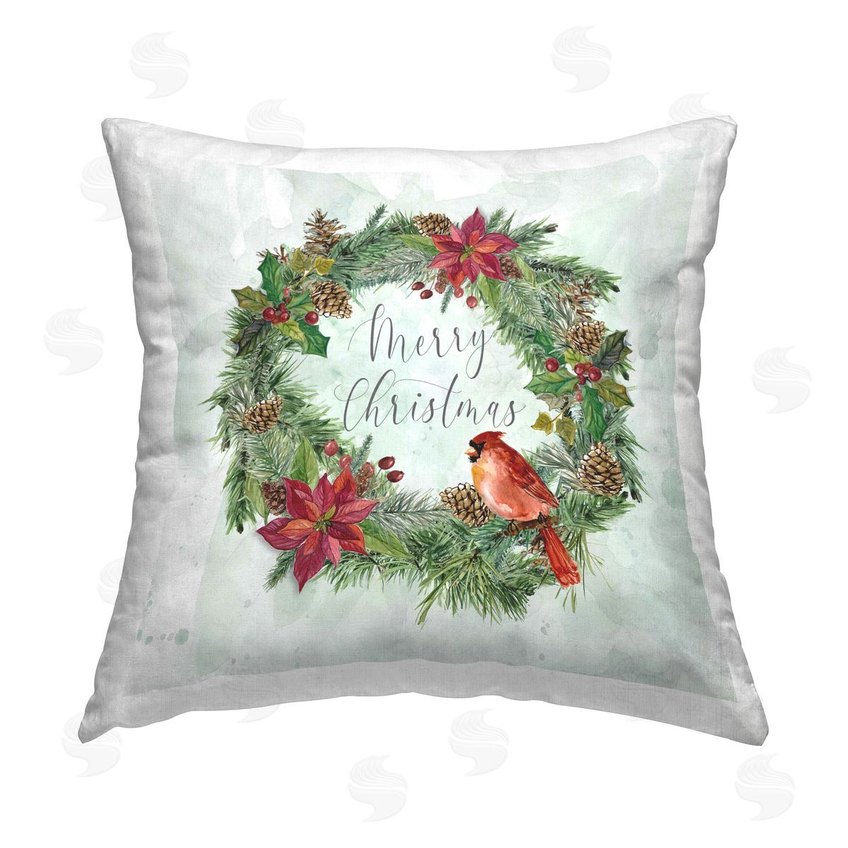 Carol Robinson Christmas Cardinal on Wreath Printed Plush Polyester Throw Pillow