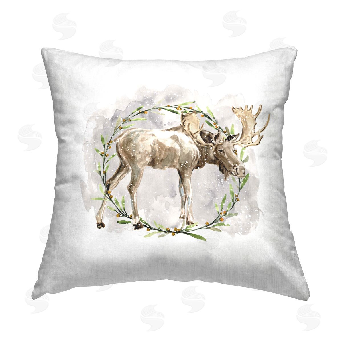 Carol Robinson Moose in Watercolor Wreath Printed Plush Polyester Throw Pillow