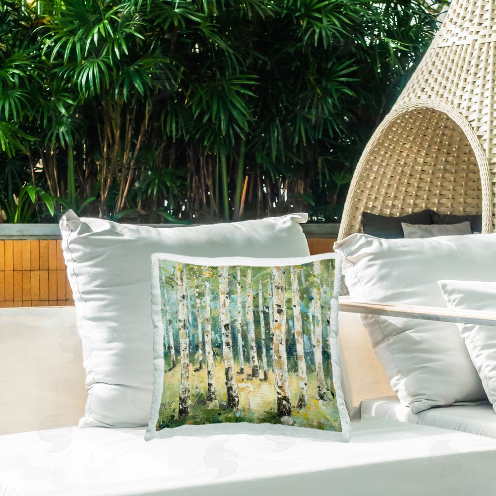 LSR Design Studio Natural Birch Grove Outdoor Quick-Dry Polyester Printed Throw Pillow in Back Yard