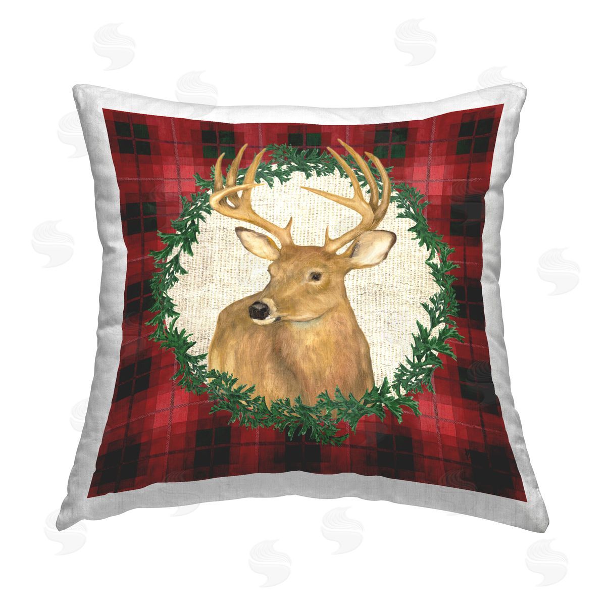 Paul Brent Deer on Plaid & Wreath Printed Plush Polyester Throw Pillow