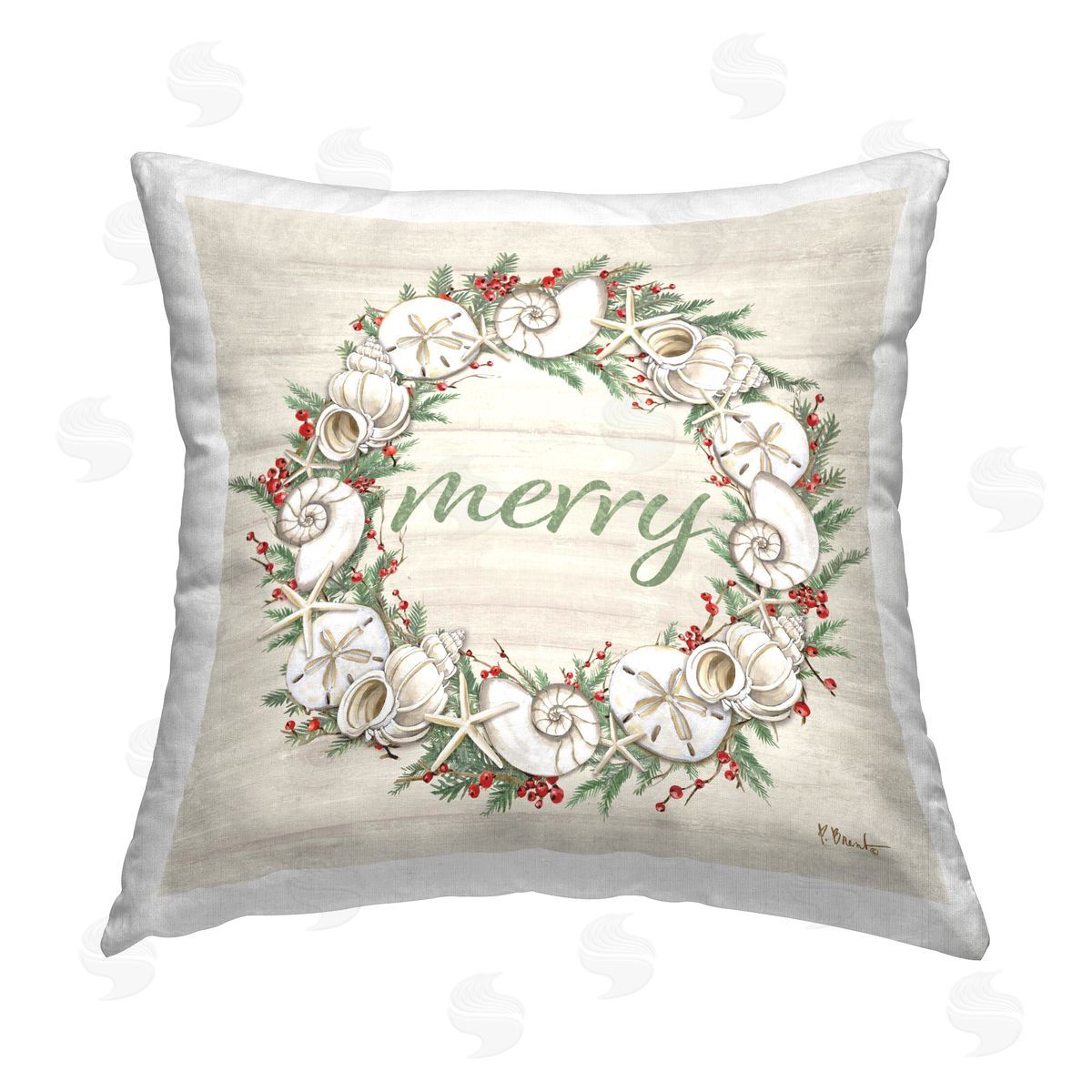Paul Brent Shells & Festive Holly Printed Plush Polyester Throw Pillow