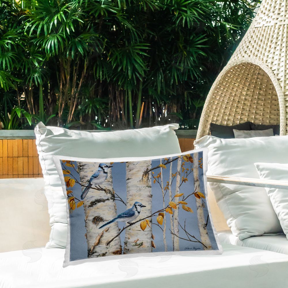 Valerie Rogers Blue Jay Autumn Day Outdoor Quick-Dry Polyester Printed Throw Pillow in Back Yard