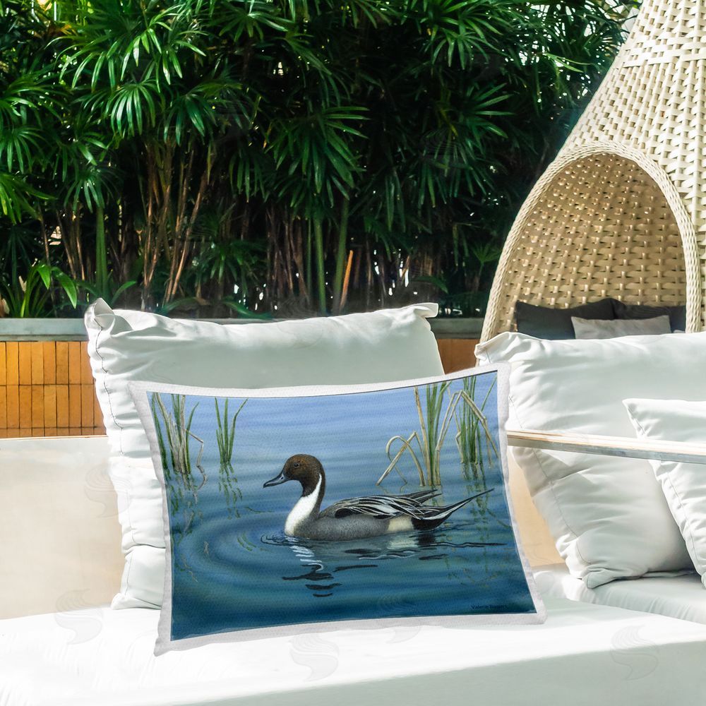Valerie Rogers Pintail Loon in Pond Outdoor Quick-Dry Polyester Printed Throw Pillow in Back Yard