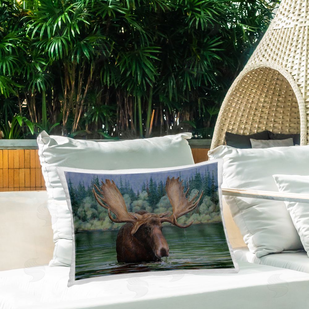 Valerie Rogers Moose Swimming in Lake Outdoor Quick-Dry Polyester Printed Throw Pillow in Back Yard
