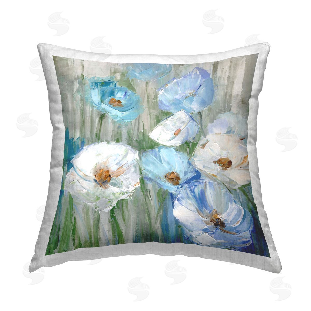 Sally Swatland Blue & White Poppies Printed Plush Polyester Throw Pillow