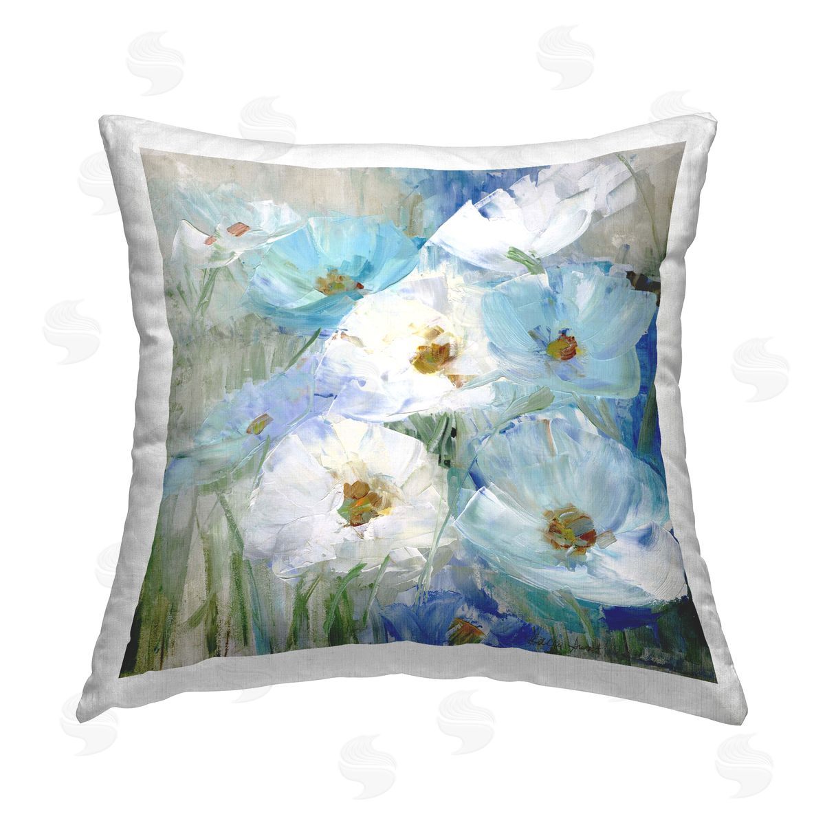 Sally Swatland Blue Spring Poppies Printed Plush Polyester Throw Pillow
