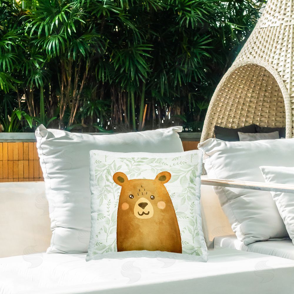 Kim Allen Joyful Bear on Botanicals Outdoor Quick-Dry Polyester Printed Throw Pillow in Back Yard