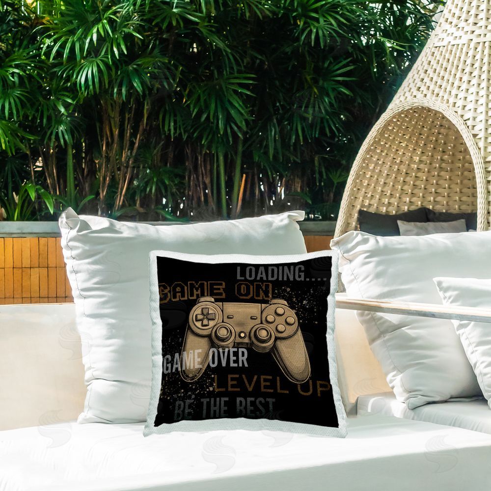 Kim Allen Gamer Controls Phrases Outdoor Quick-Dry Polyester Printed Throw Pillow in Back Yard