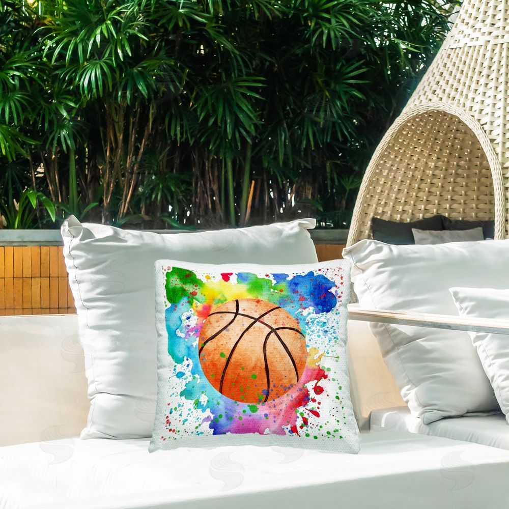 Kim Allen Rainbow Splatter Basketball Outdoor Quick-Dry Polyester Printed Throw Pillow in Back Yard