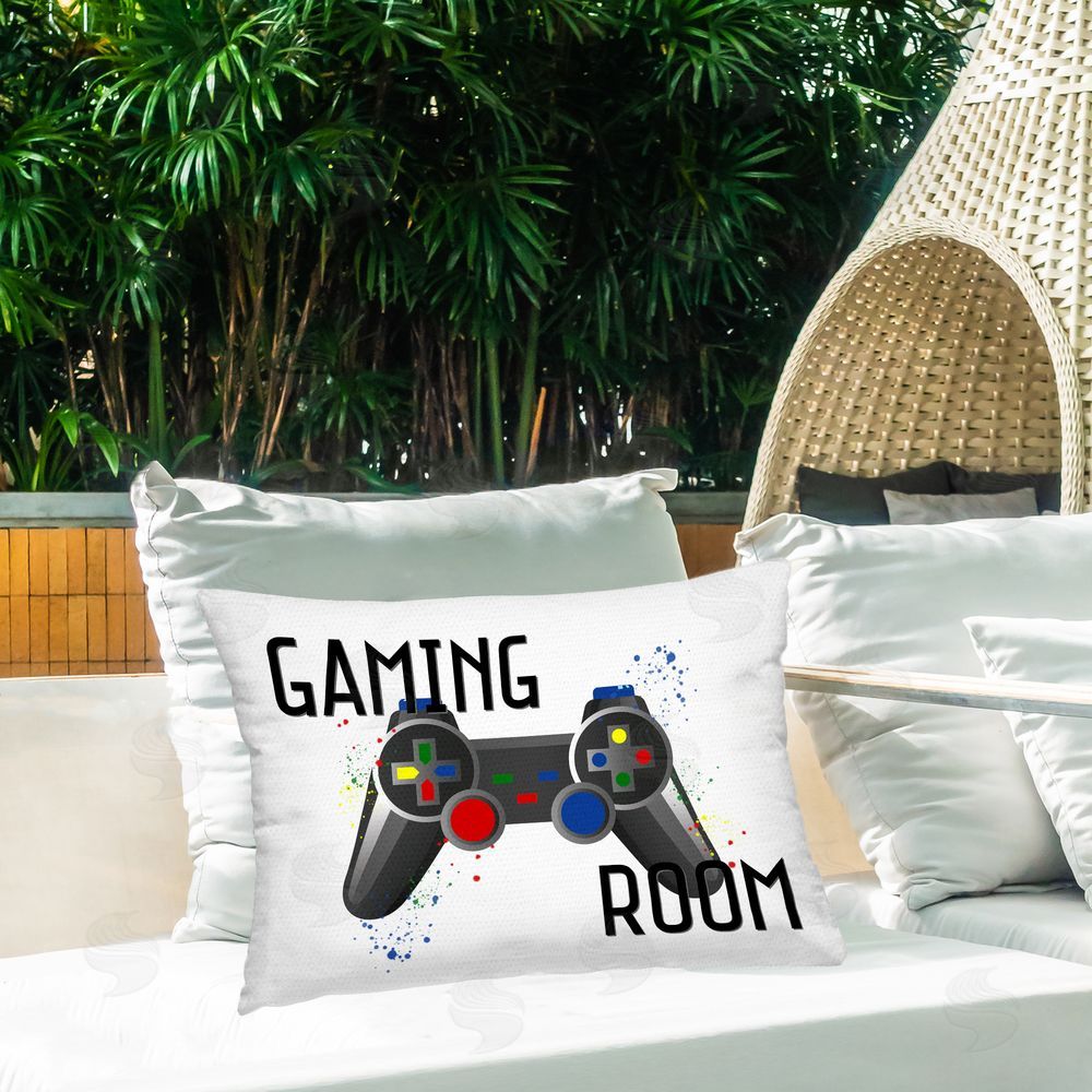 Kim Allen Vintage Gaming Room Controller Outdoor Quick-Dry Polyester Printed Throw Pillow in Back Yard