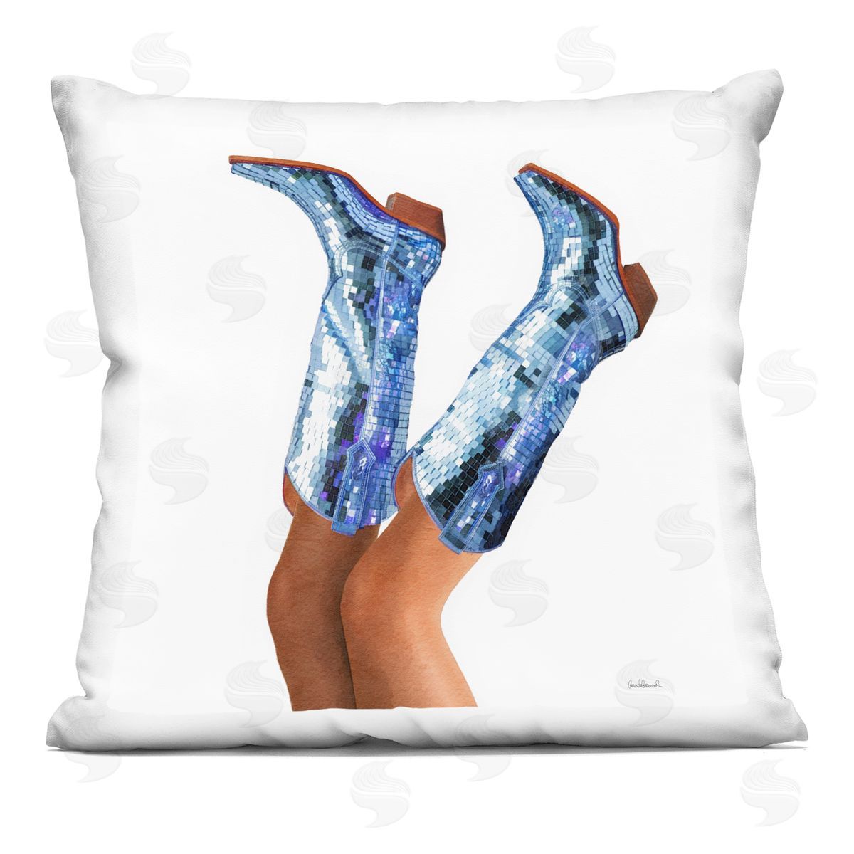 Amanda Greenwood Blue Glam Cowgirl Boots Printed Plush Polyester Throw Pillow