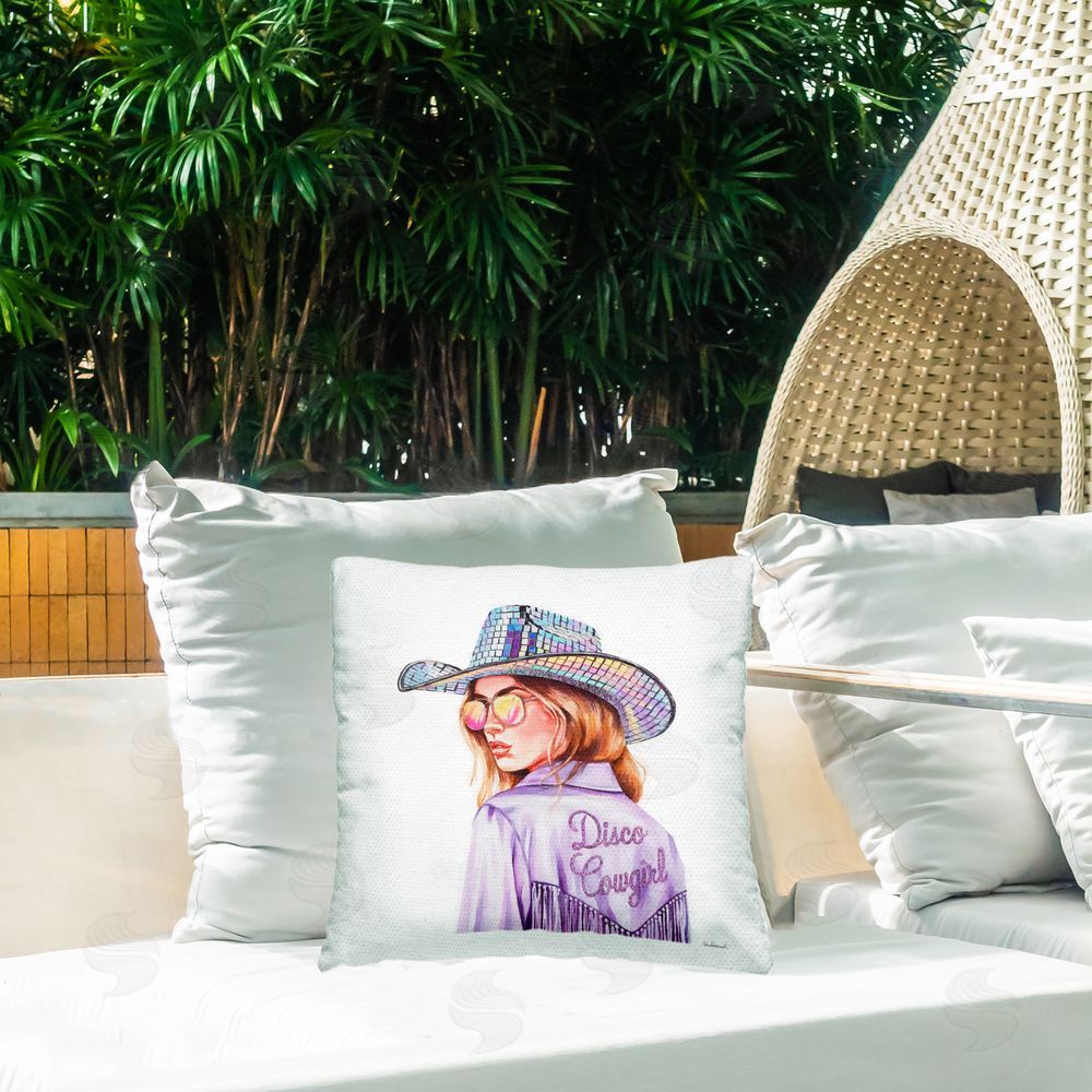 Amanda Greenwood Purple Disco Cowgirl Outdoor Quick-Dry Polyester Printed Throw Pillow in Back Yard