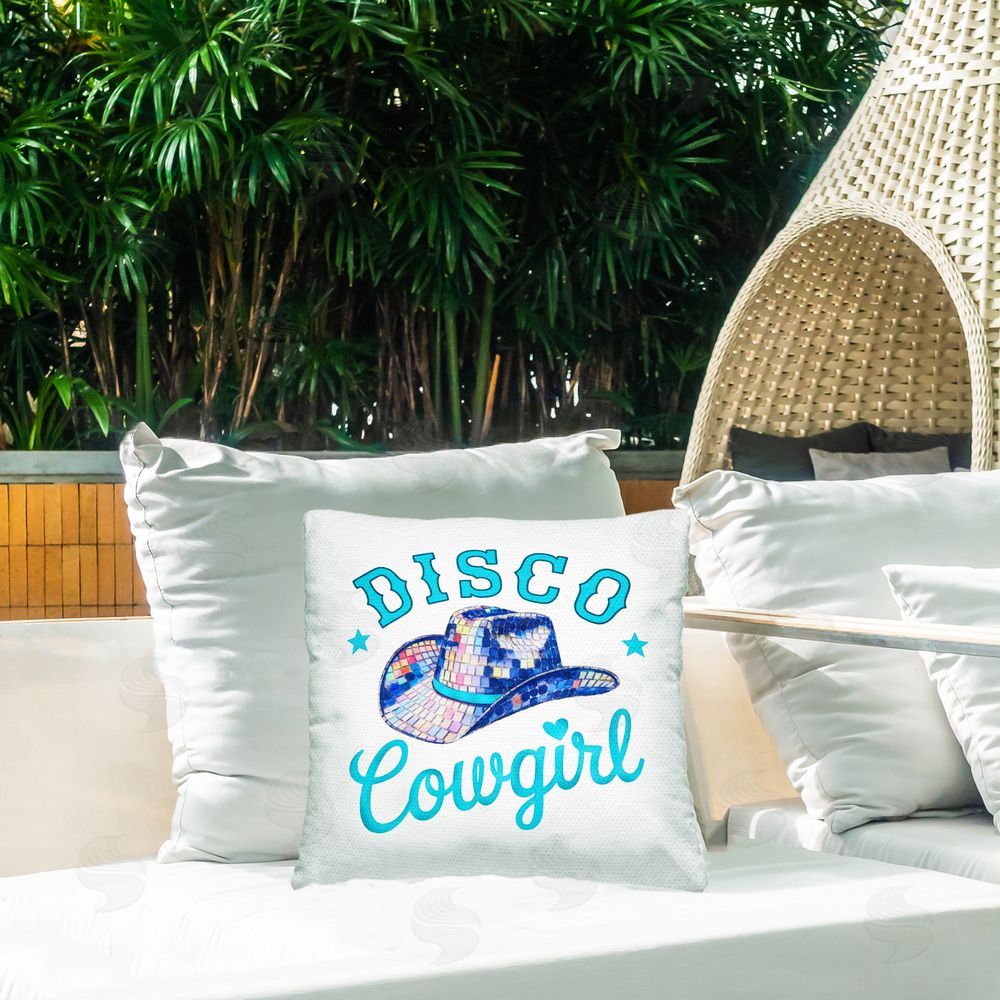 Amanda Greenwood Turquoise Disco Cowgirl Outdoor Quick-Dry Polyester Printed Throw Pillow in Back Yard