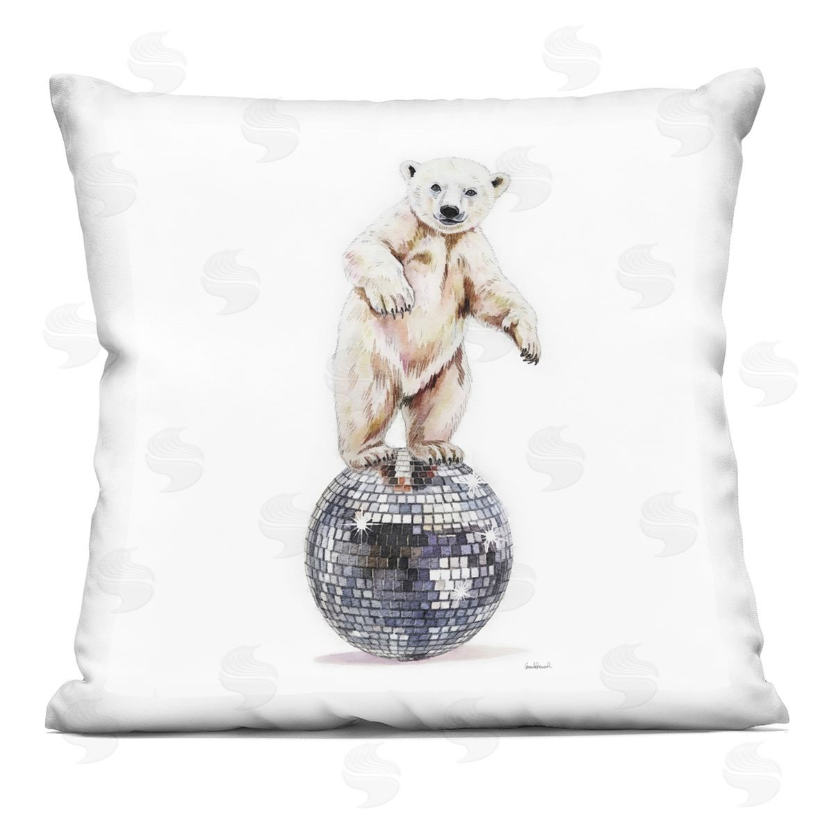 Amanda Greenwood Polar Bear on Disco Ball Printed Plush Polyester Throw Pillow