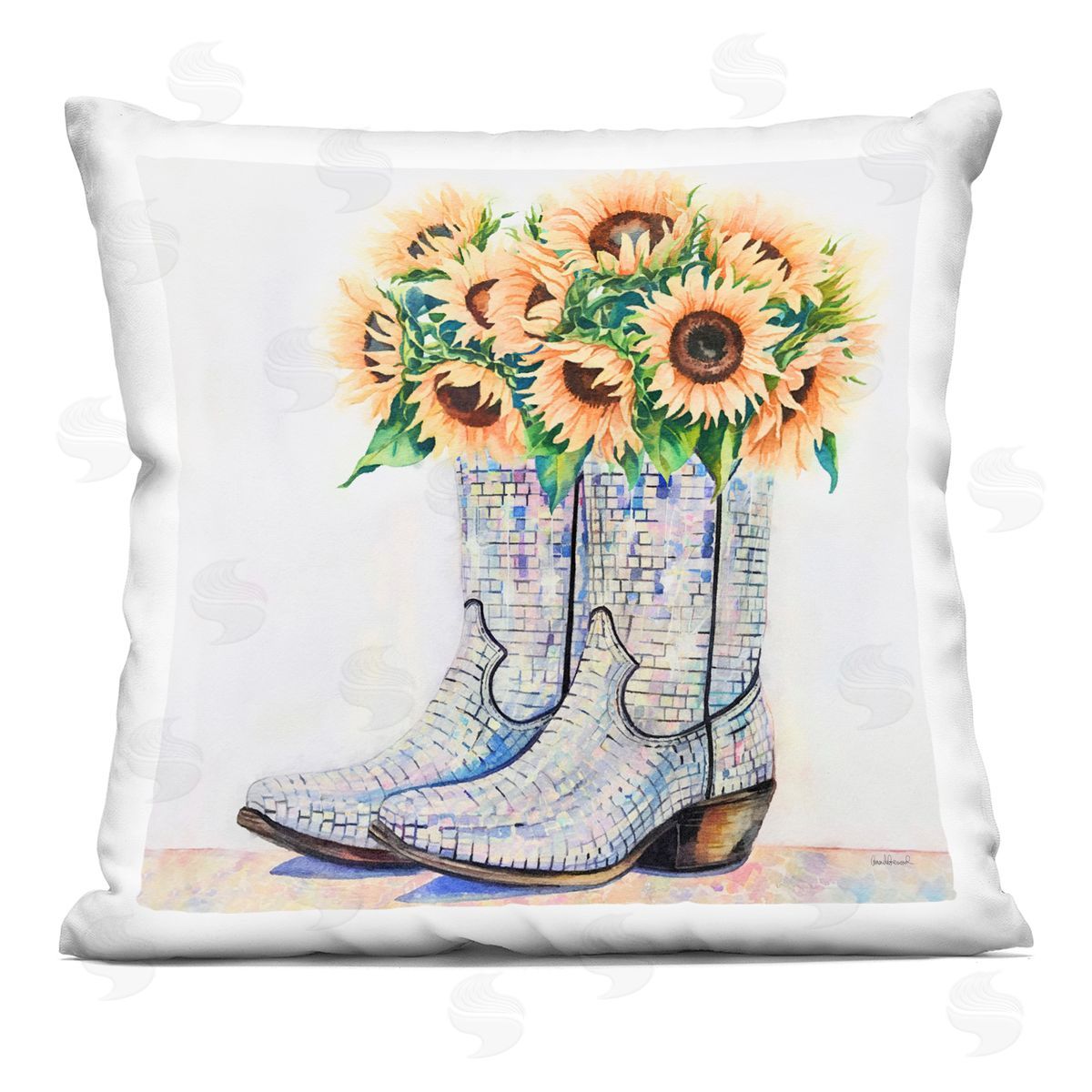 Amanda Greenwood Sunflower Filled Cowgirl Boots Printed Plush Polyester Throw Pillow