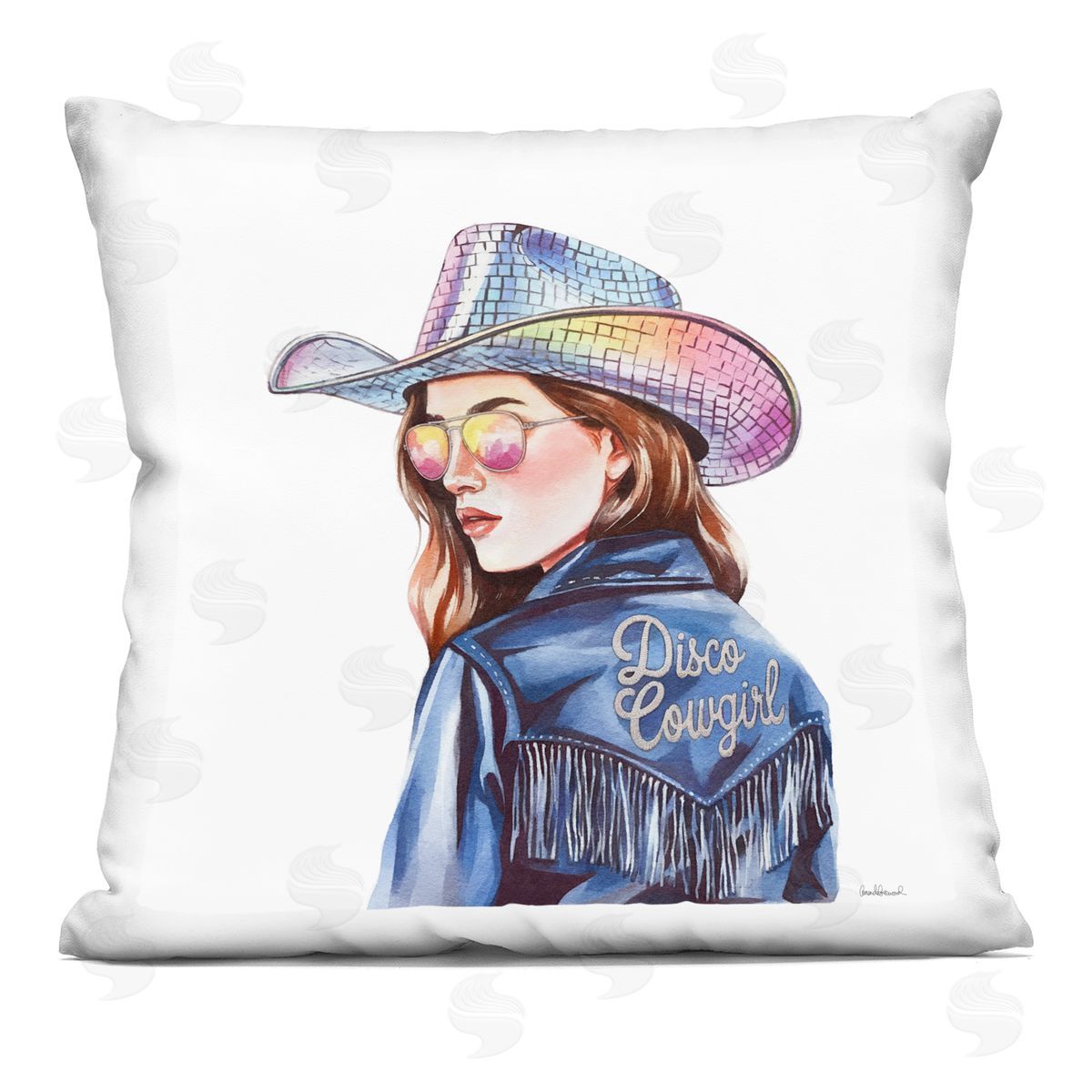Amanda Greenwood Disco Cowgirl in Blue Printed Plush Polyester Throw Pillow