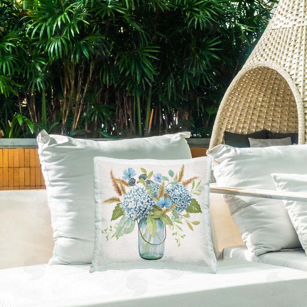 Nan Hydrangea in Mason Jar Outdoor Quick-Dry Polyester Printed Throw Pillow in Back Yard