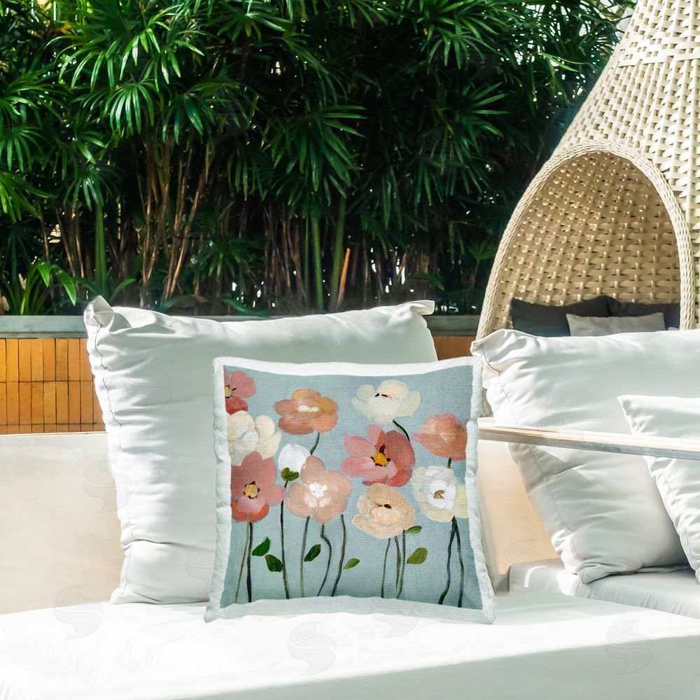 Charity Henderson Soft Mixed Blossoms Outdoor Quick-Dry Polyester Printed Throw Pillow in Back Yard