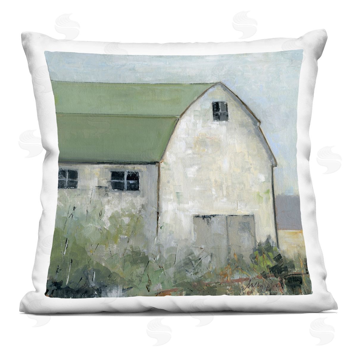 Sally Swatland Barn View with Green Roof Printed Plush Polyester Throw Pillow