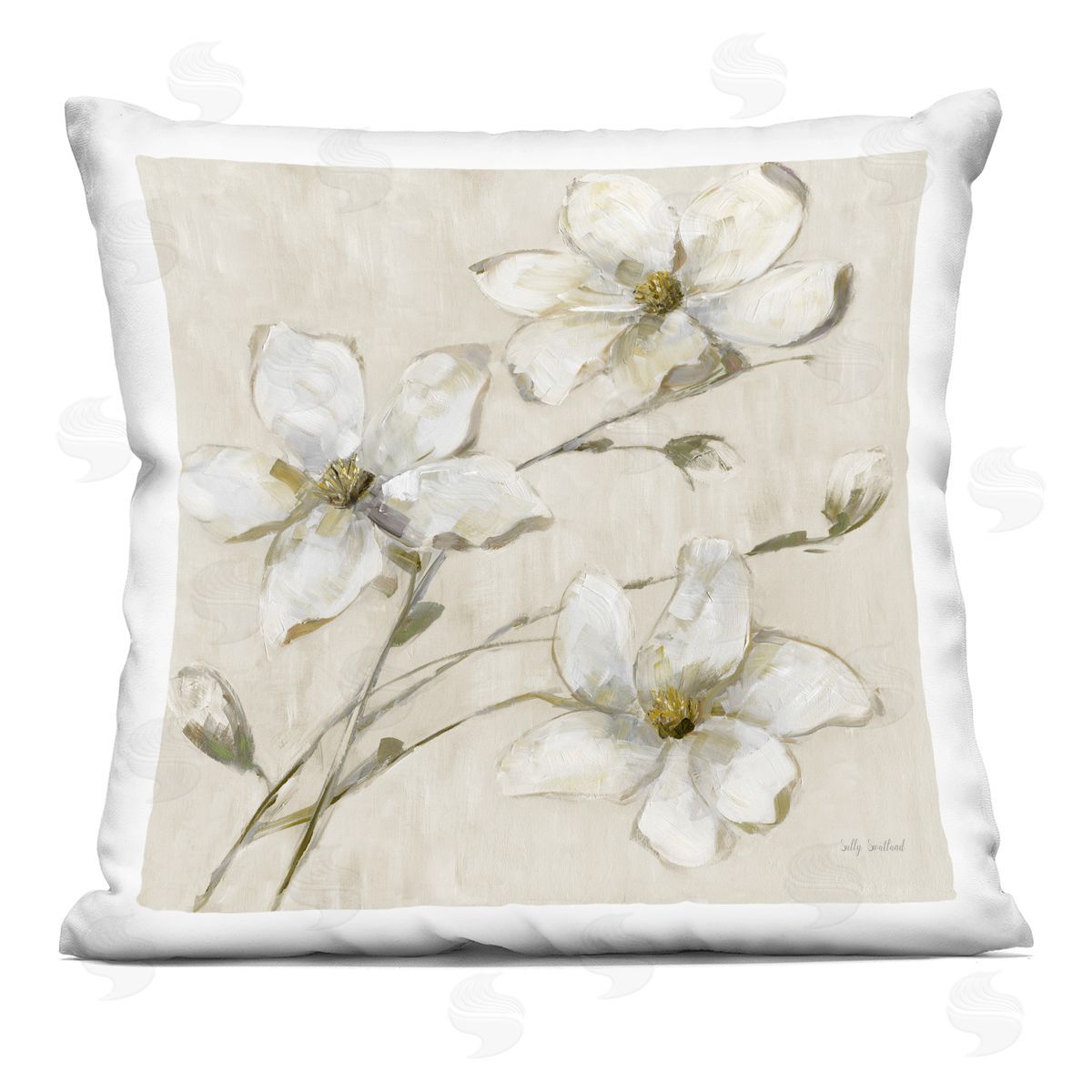 Sally Swatland Neutral Tone Dogwood Flowers Printed Plush Polyester Throw Pillow