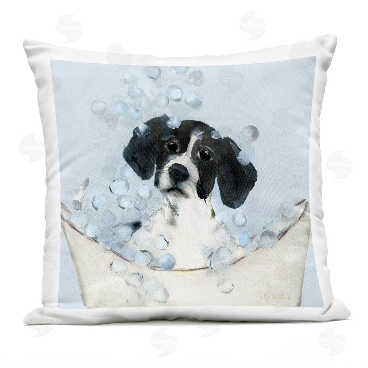 Sally Swatland Black & White Puppy in Tub Outdoor Quick-Dry Polyester Printed Throw Pillow