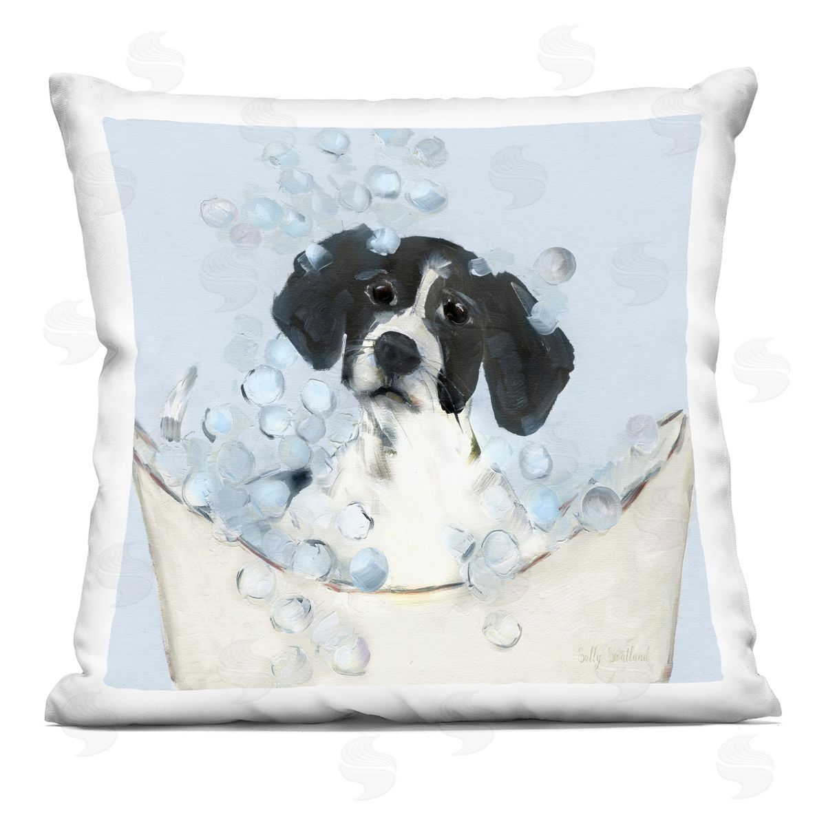 Sally Swatland Black & White Puppy in Tub Printed Plush Polyester Throw Pillow