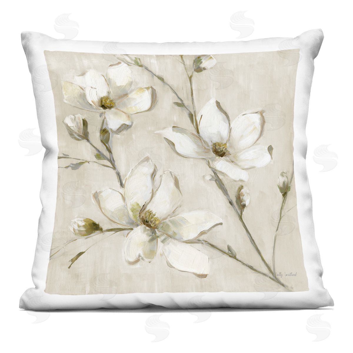Sally Swatland Neutral Dogwood Branches Printed Plush Polyester Throw Pillow