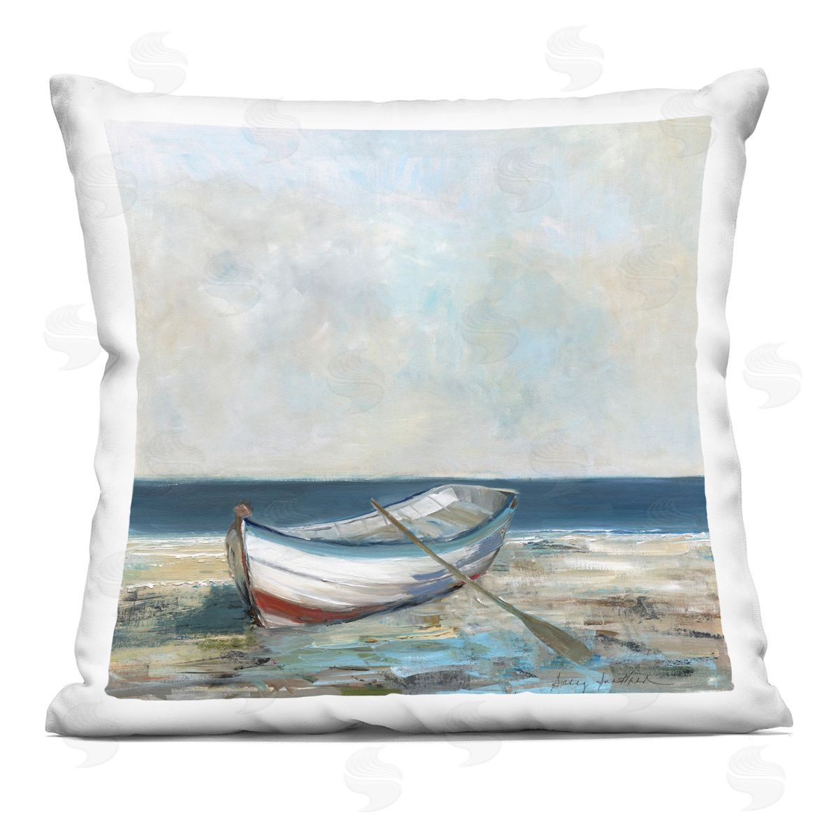Sally Swatland Boat & Oar on Shore Printed Plush Polyester Throw Pillow