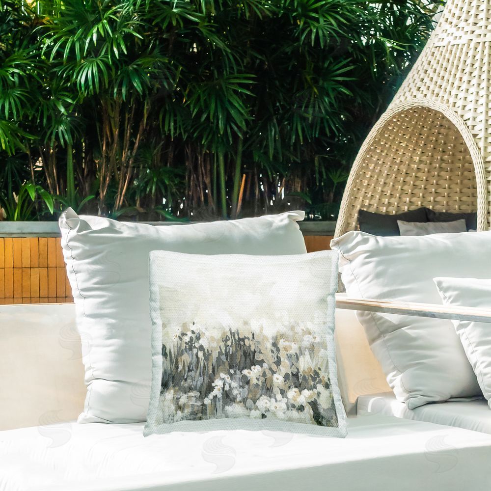 June Erica Vess Grey & Beige Landscape Outdoor Quick-Dry Polyester Printed Throw Pillow in Back Yard