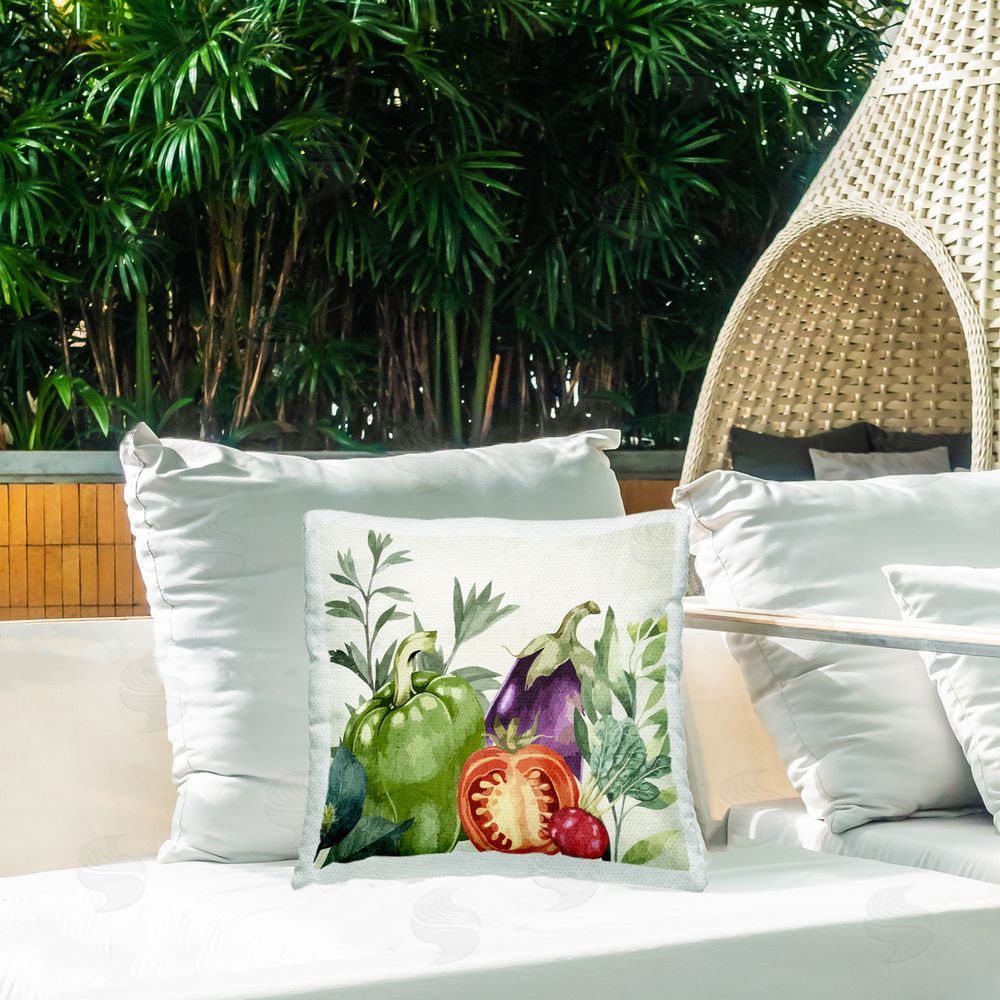 Kim Allen Organic Garden Vegetables Outdoor Quick-Dry Polyester Printed Throw Pillow in Back Yard