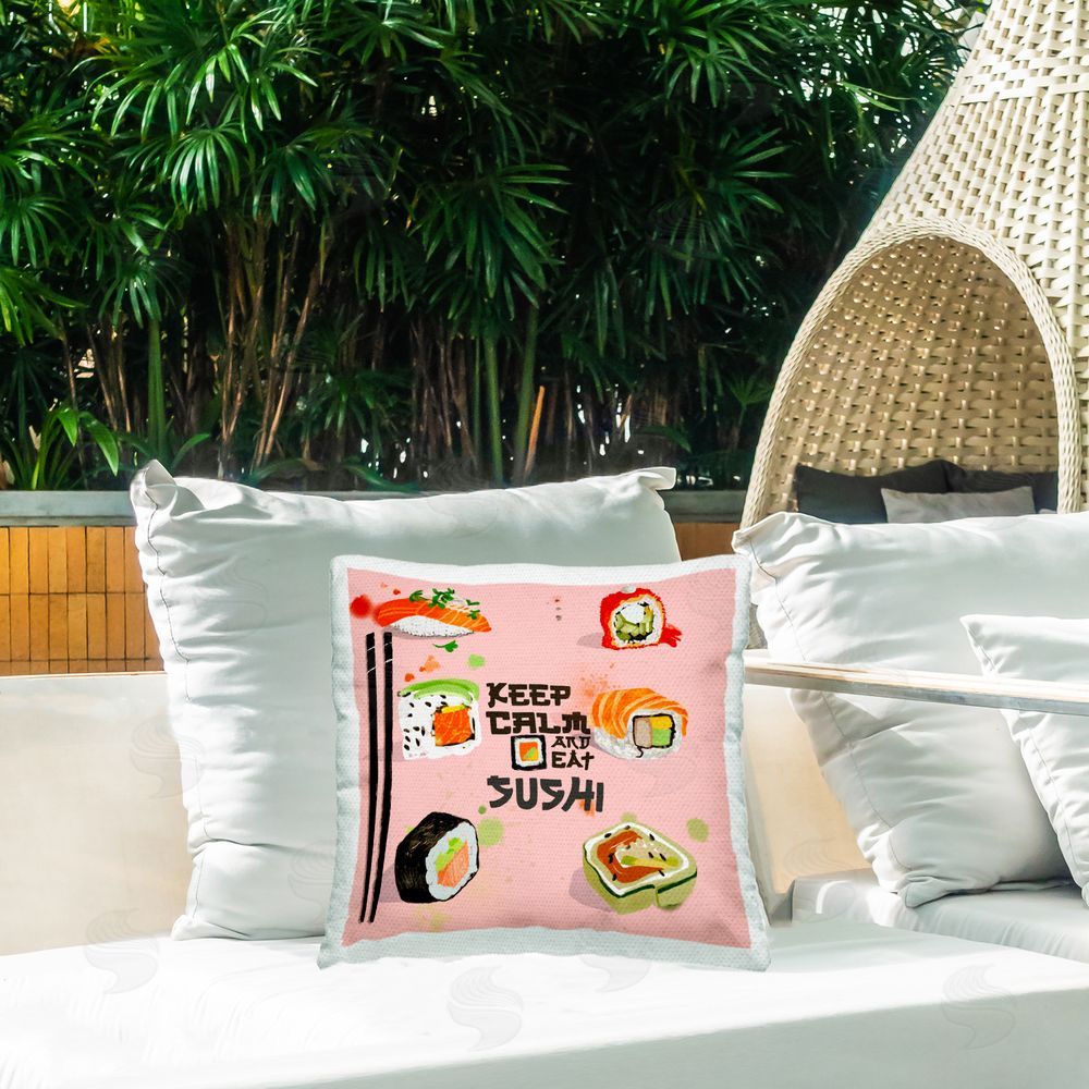 James Rodewald Keep Calm & Eat Sushi Outdoor Quick-Dry Polyester Printed Throw Pillow in Back Yard