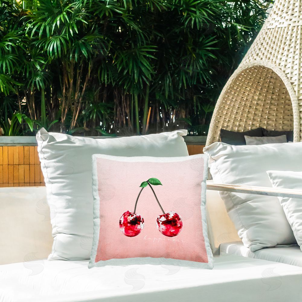 Kim Allen Happiness Disco Cherries Outdoor Quick-Dry Polyester Printed Throw Pillow in Back Yard