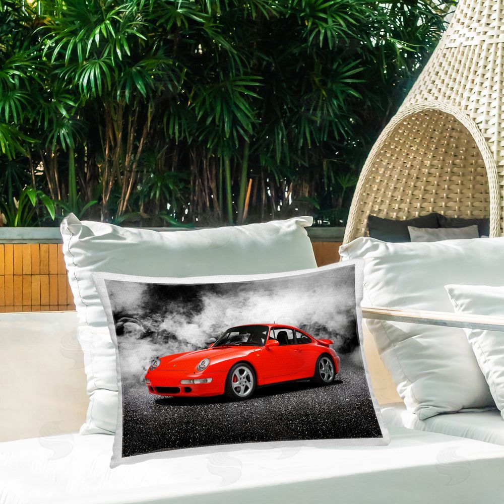 Mark Rogan Bold Red Sports Car Outdoor Quick-Dry Polyester Printed Throw Pillow in Back Yard