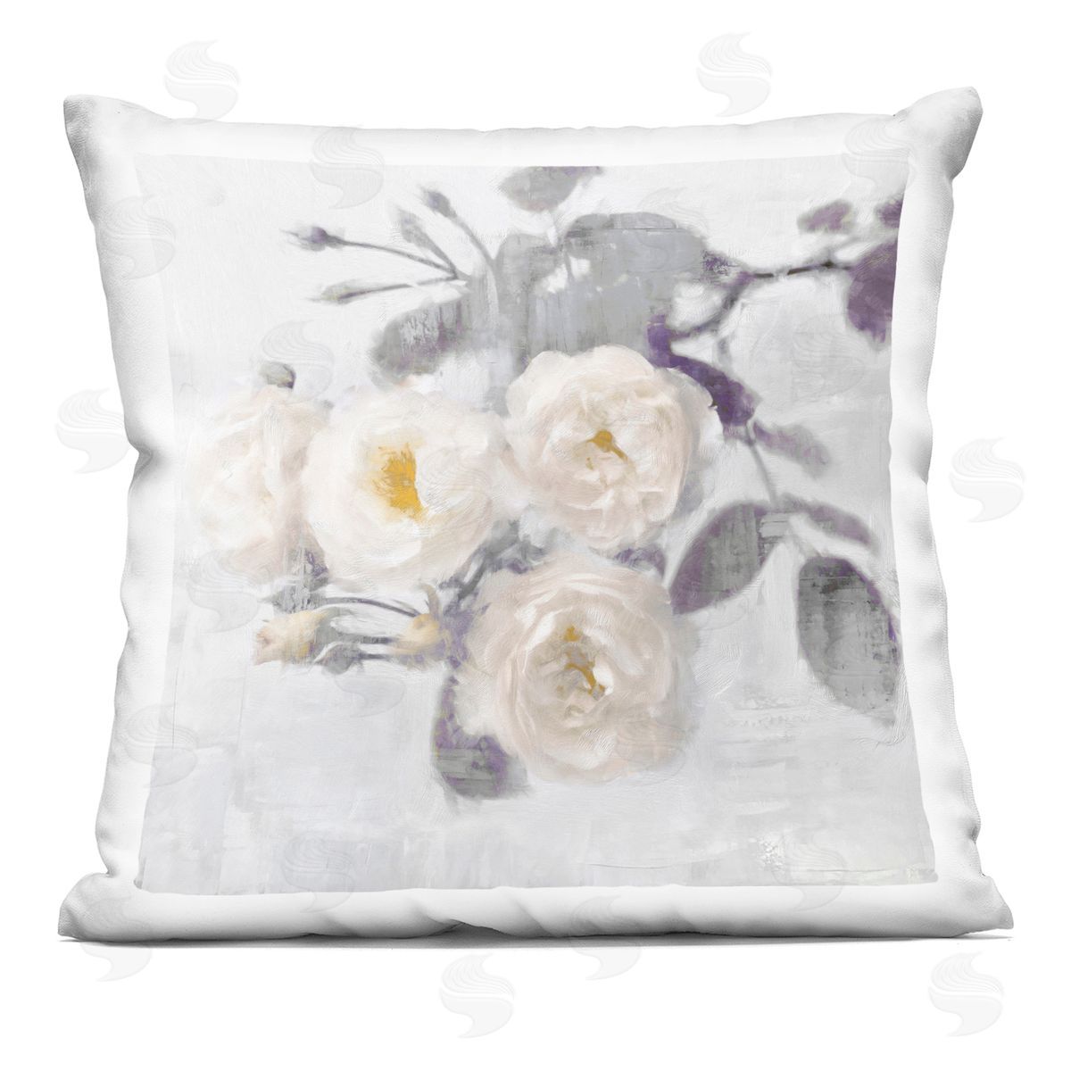 Emily Ford White Blooms on Grey Printed Plush Polyester Throw Pillow