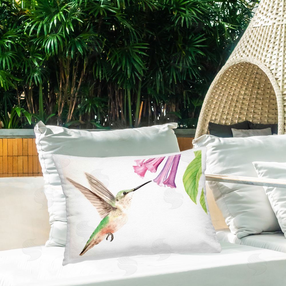 Stephanie Fielden Hummingbird & Bluebell Flower Outdoor Quick-Dry Polyester Printed Throw Pillow in Back Yard