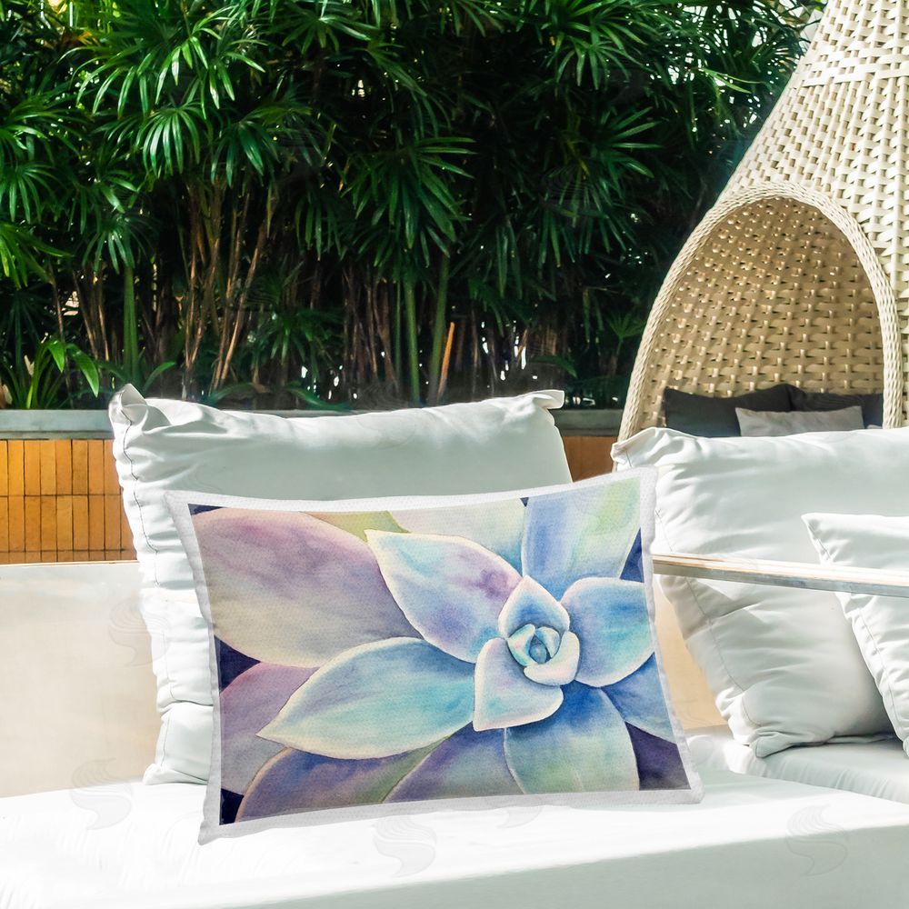 Stephanie Fielden Cool Toned Succulent Leaves Outdoor Quick-Dry Polyester Printed Throw Pillow in Back Yard